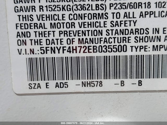 Honda Pilot Ex-l 2014 5FNYF4H72EB035500 Image 9