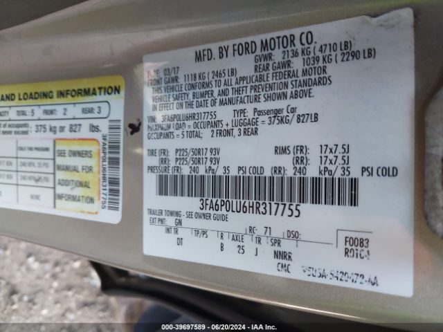 3FA6P0LU6HR317755 Ford Fusion Hybrid Se