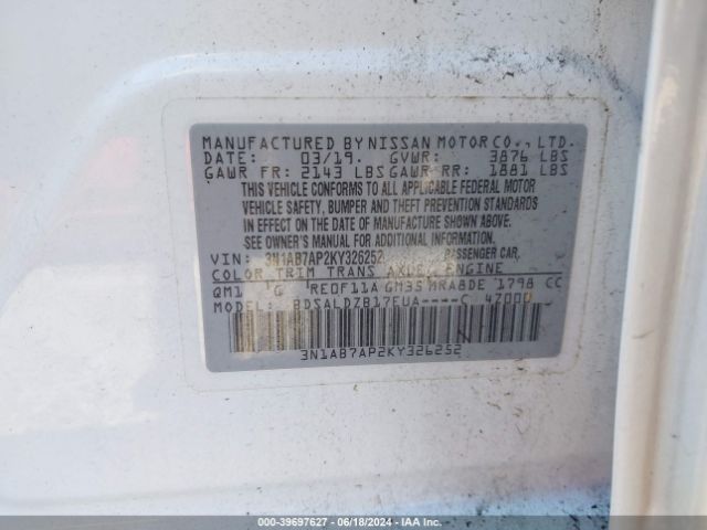 3N1AB7AP2KY326252 Nissan SENTRA SV