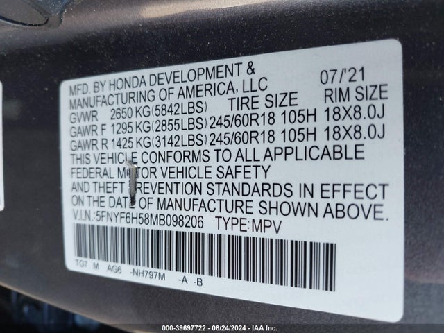 Honda Pilot Awd Ex-l 2021 5FNYF6H58MB098206 Image 9