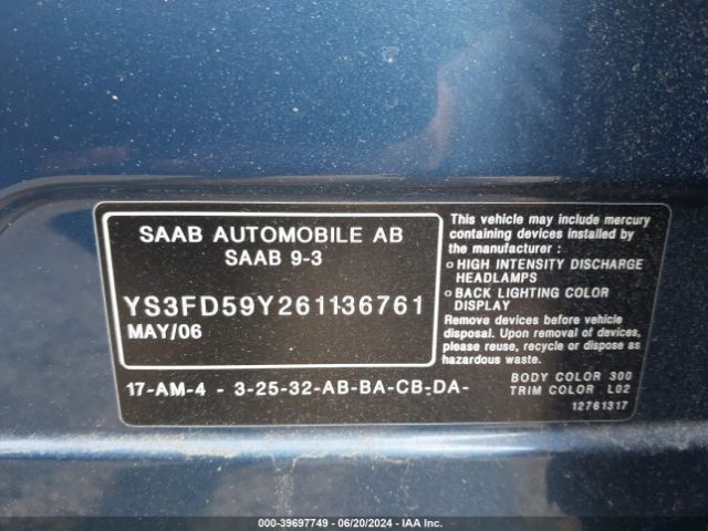 2006 SAAB 9-3 YS3FD59Y261136761 Photo 8