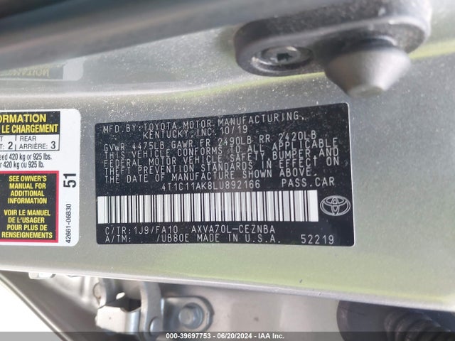Toyota CAMRY LE 2020 4T1C11AK8LU892166 Image 9