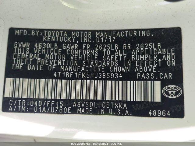 Toyota CAMRY SE 2017 4T1BF1FK5HU385934 Image 9