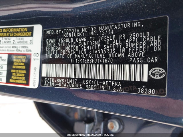 Toyota AVALON LIMITED 2015 4T1BK1EB6FU144670 Image 9
