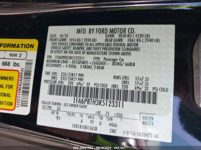 Ford Mustang Ecoboost 2019 1FA6P8TH3K5123311 Image 9