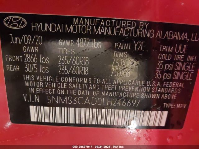 5NMS3CAD0LH246697 Hyundai Santa Fe Sel