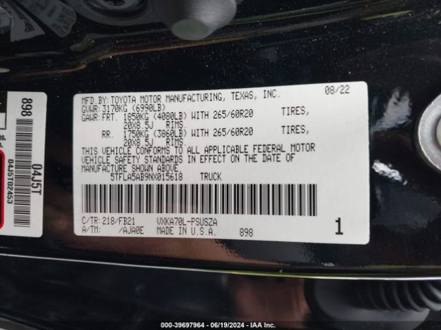 5TFLA5AB9NX015618 Toyota Tundra Sr5