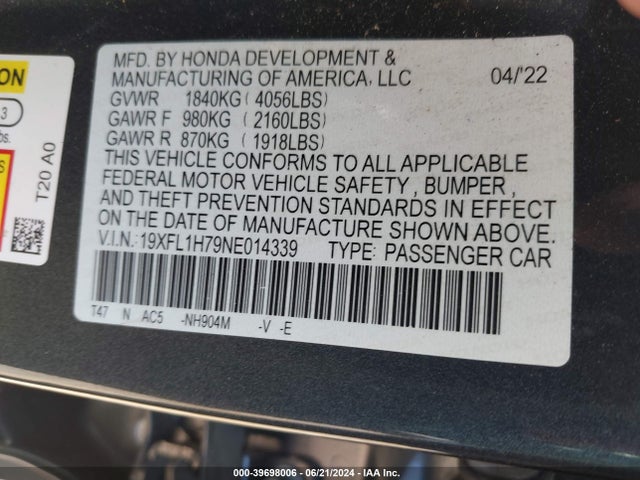 Honda Civic Ex-l 2022 19XFL1H79NE014339 Image 9