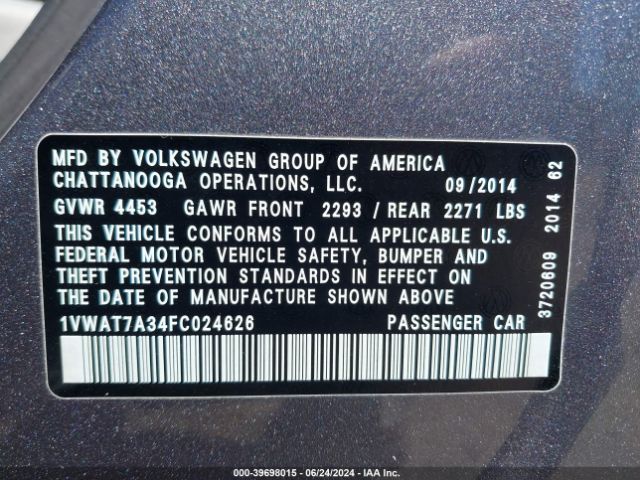 1VWAT7A34FC024626 Volkswagen Passat 1.8t S