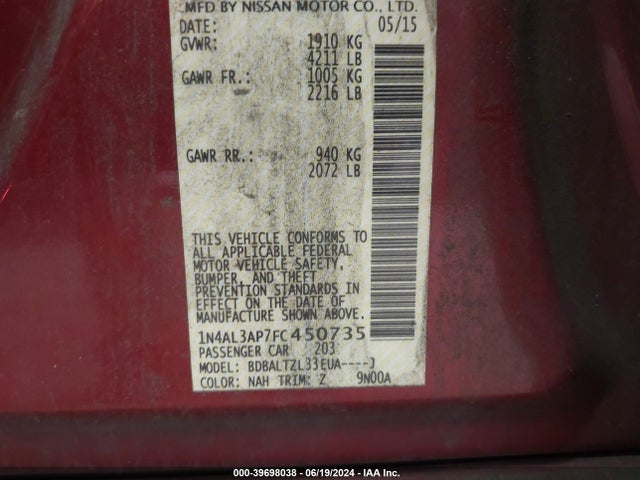 Nissan Altima 2.5 Sl 2015 1N4AL3AP7FC450735 Image 9