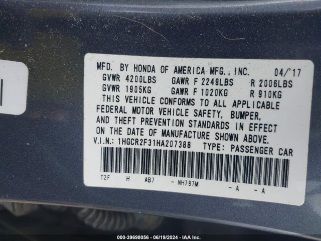 Honda ACCORD LX 2017 1HGCR2F31HA207388 Image 9