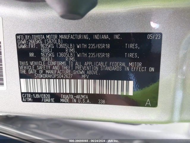 Toyota Highlander Xle 2023 5TDKDRAH3PS042627 Image 9