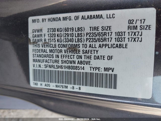 Honda Odyssey Ex-l 2017 5FNRL5H61HB008514 Image 9