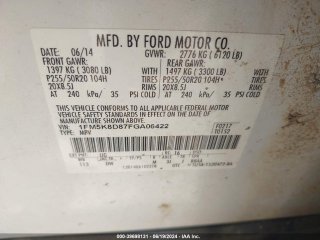 Ford EXPLORER XLT 2015 1FM5K8D87FGA06422 Image 9
