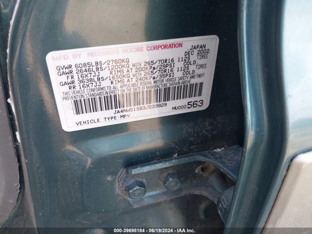 2003 MITSUBISHI MONTERO JA4NW51S83J039929 Photo 8
