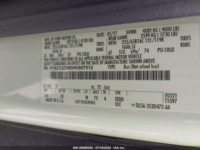 1FBZX2ZM0HKB07512 Ford Transit-350 Xlt