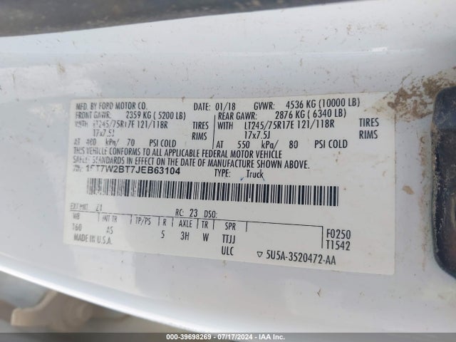 Ford F-250 Xl 2018 1FT7W2BT7JEB63104 Image 9