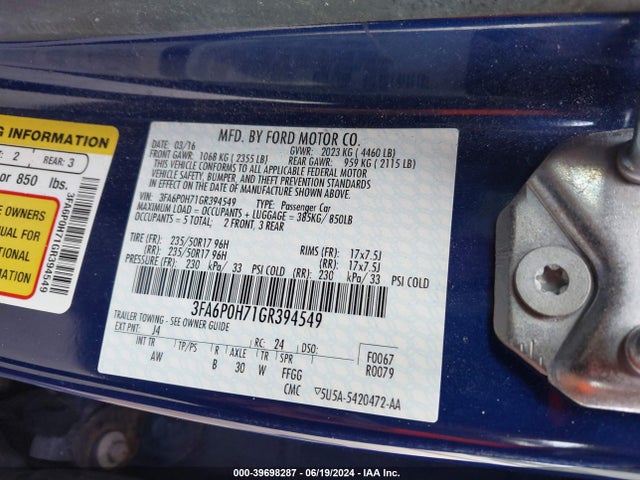 Ford FUSION SE 2016 3FA6P0H71GR394549 Image 9