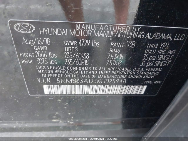 5NMS33AD3KH025948 Hyundai Santa Fe Sel Plus