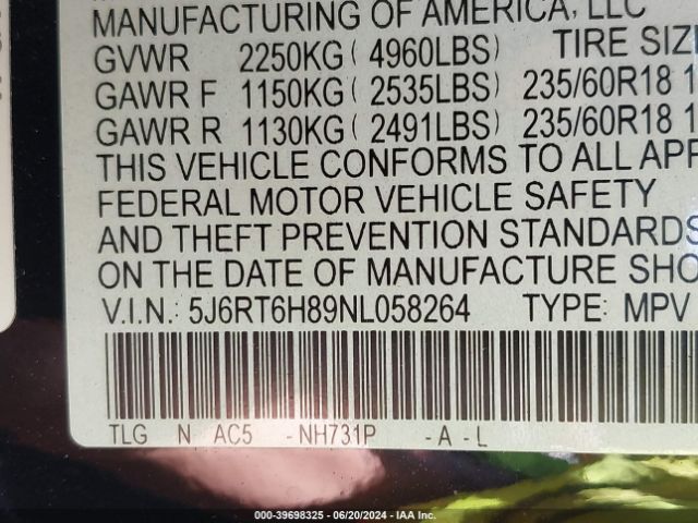 5J6RT6H89NL058264 Honda Cr-v Hybrid Ex-l