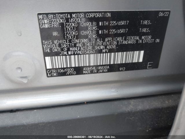 JTMLWRFV9ND154063 Toyota Rav4 Hybrid Le