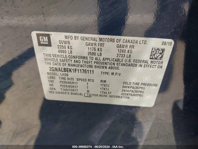 Chevrolet EQUINOX 1LT 2015 2GNALBEK1F1176111 Image 9