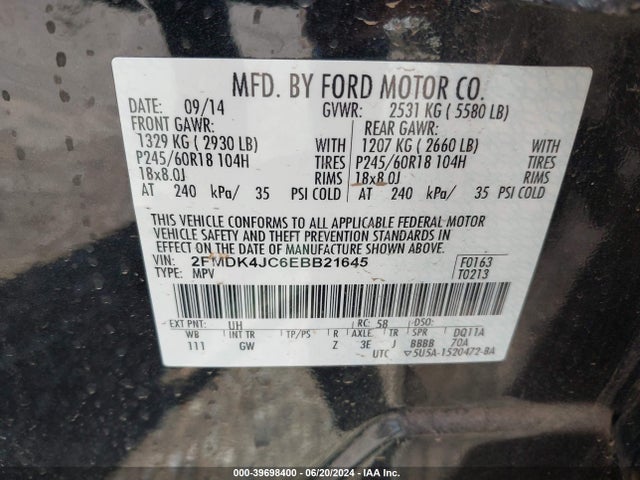 Ford EDGE SEL 2014 2FMDK4JC6EBB21645 Image 9