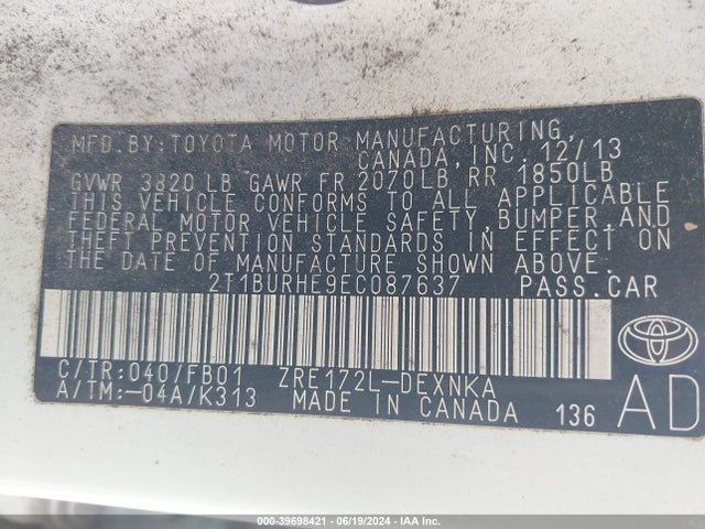 Toyota COROLLA LE 2014 2T1BURHE9EC087637 Image 9