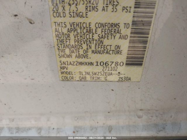 5N1AZ2MHXHN106780 Nissan Murano Platinum