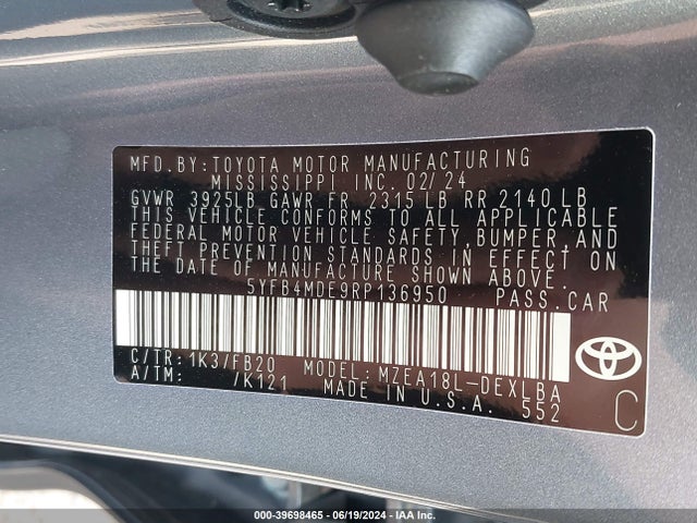 Toyota COROLLA LE 2024 5YFB4MDE9RP136950 Image 9