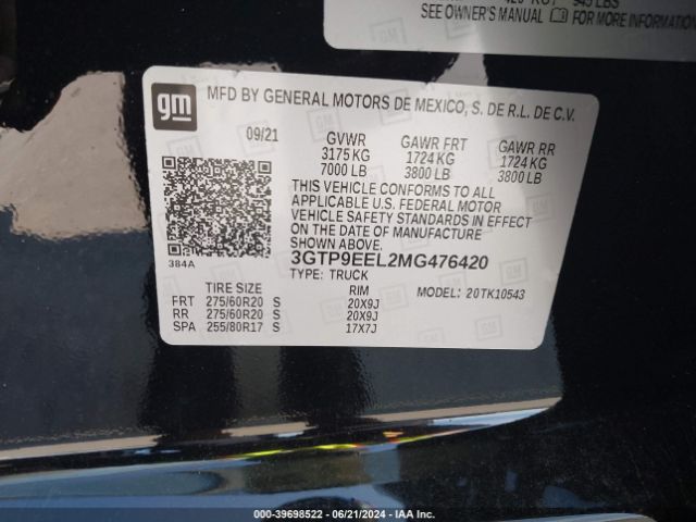 3GTP9EEL2MG476420 GMC Sierra 1500 4wd  Short Box At4