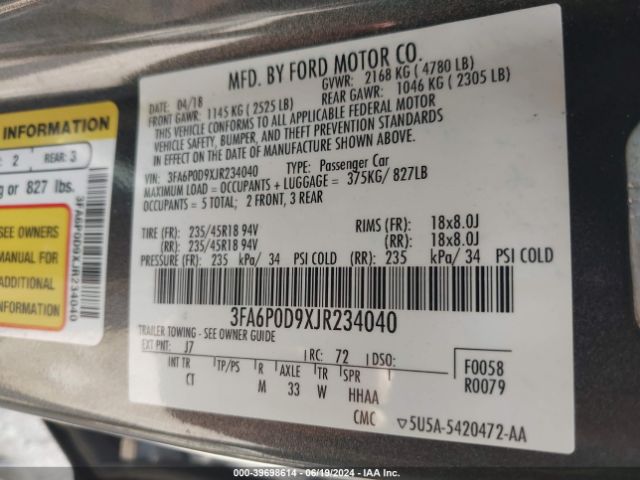 3FA6P0D9XJR234040 Ford Fusion Titanium