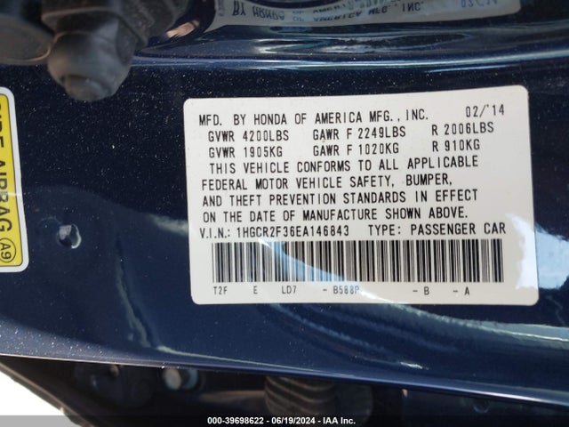 Honda ACCORD LX 2014 1HGCR2F36EA146843 Image 9
