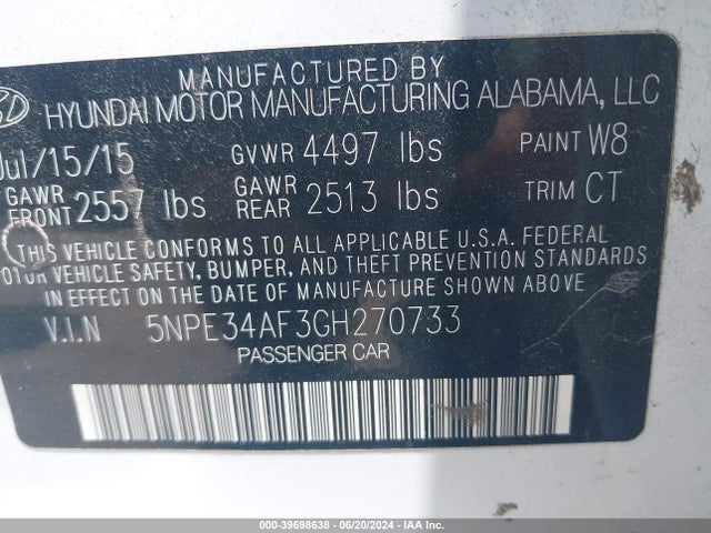 Hyundai Sonata Sport 2016 5NPE34AF3GH270733 Image 9