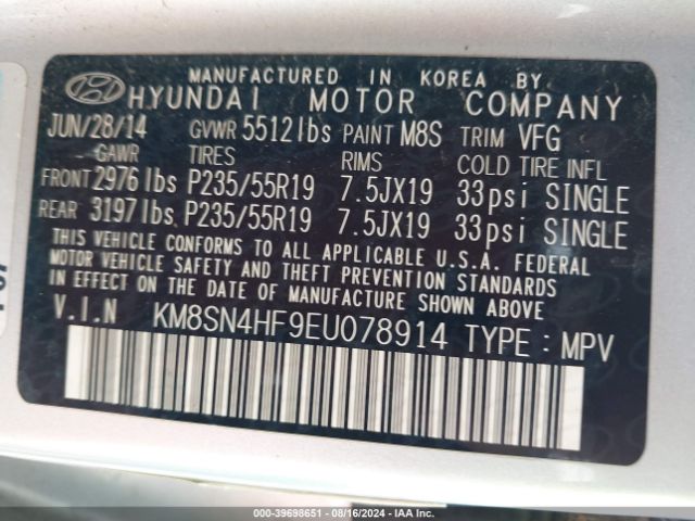 KM8SN4HF9EU078914 Hyundai Santa Fe Limited