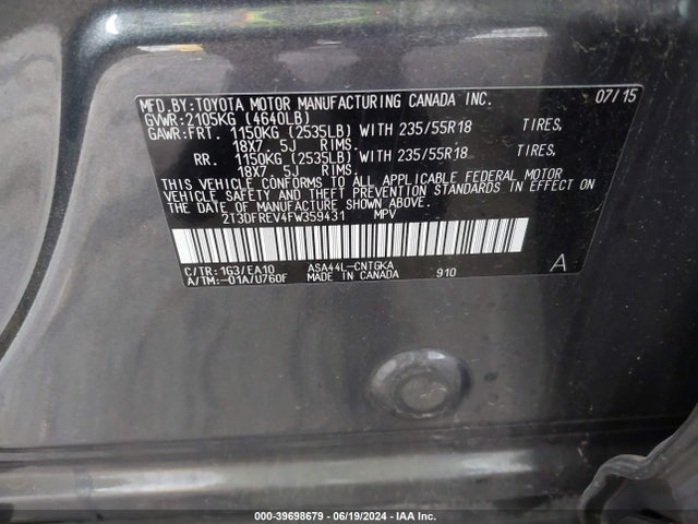 Toyota Rav4 Limited 2015 2T3DFREV4FW359431 Image 9