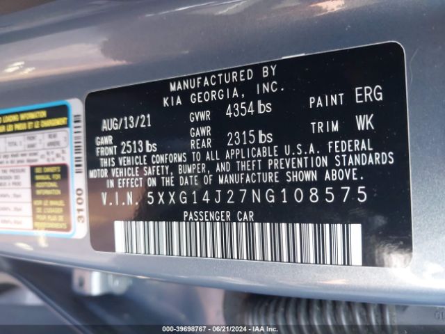 5XXG14J27NG108575 KIA K5 LXS