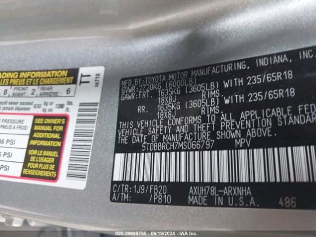 5TDBBRCH7MS066797 Toyota Highlander Hybrid Le