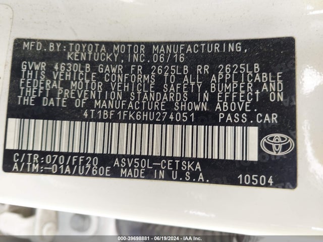 Toyota CAMRY SE 2017 4T1BF1FK6HU274051 Image 9