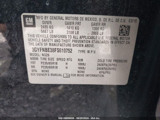 3GYFNBE38FS610752 Cadillac Srx Luxury Collection