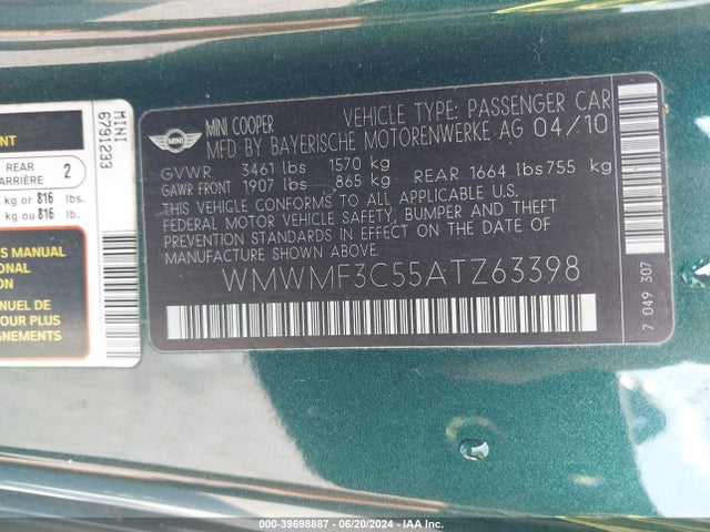 2010 MINI COOPER WMWMF3C55ATZ63398 Photo 8