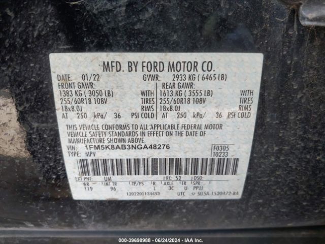 1FM5K8AB3NGA48276 Ford Police Interceptor Utility