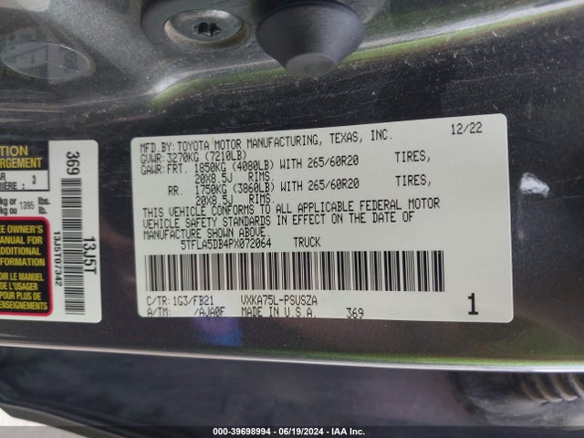 Toyota Tundra Sr5 2023 5TFLA5DB4PX072064 Image 9