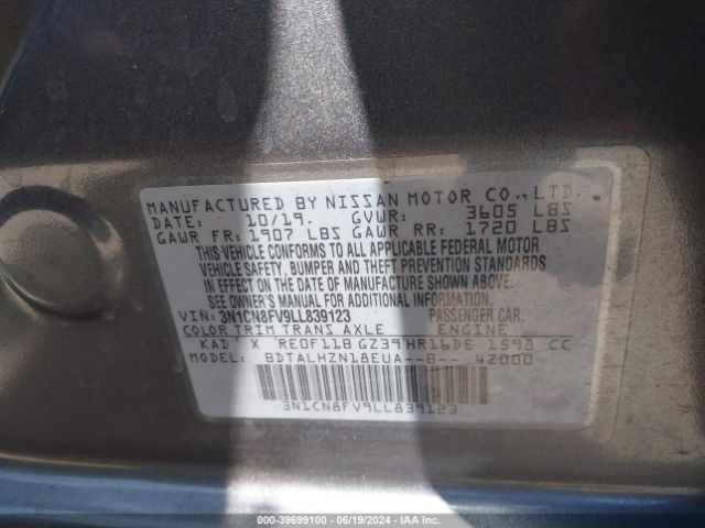 3N1CN8FV9LL839123 Nissan Versa Sr Xtronic Cvt