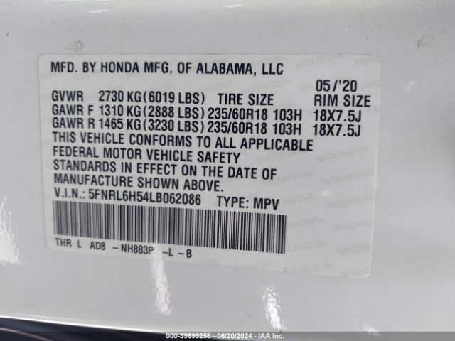 5FNRL6H54LB062086 Honda ODYSSEY EX