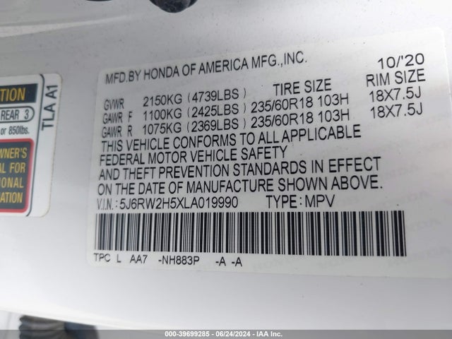Honda Cr-v Awd Ex 2020 5J6RW2H5XLA019990 Image 9