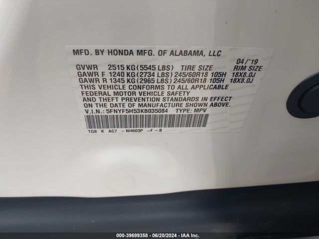 Honda Pilot Ex-l 2019 5FNYF5H53KB035084 Image 9