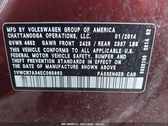 1VWCN7A34EC065663 Volkswagen Passat 2.0l Tdi Sel Premium