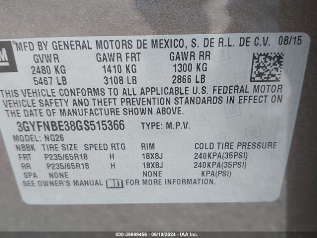 3GYFNBE38GS515366 Cadillac Srx Luxury Collection