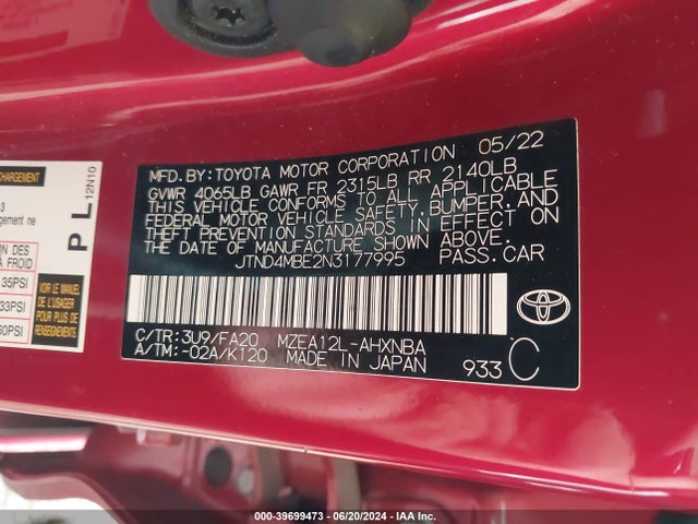 Toyota COROLLA SE 2022 JTND4MBE2N3177995 Image 9